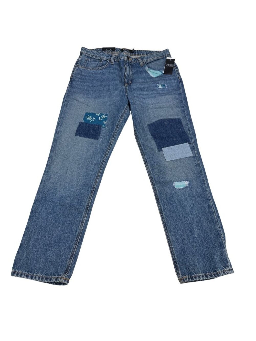 NWT $195 Lauren Ralph Lauren Blue Boyfriend Taper Jean Women's Patchwork, Size 8